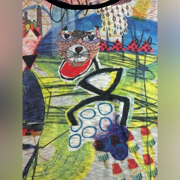 Inoah Lightweight 3/4 Sleeve Knit Scoop Burnout Neck Art to Wear Print Top M - Picture 10 of 12